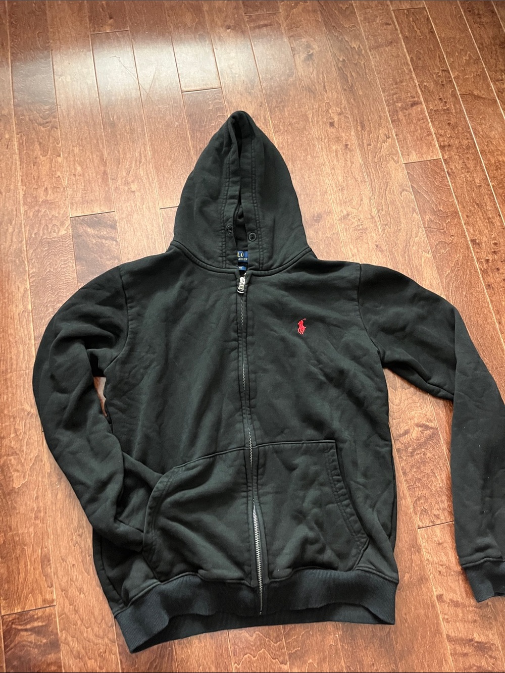 Ralph Lauren Black Zip-Up Hoodie with Red Polo Emblem